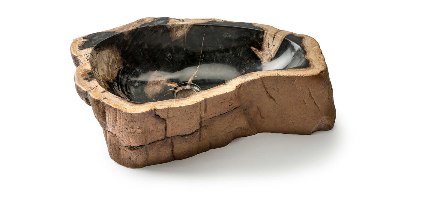 Kontext-Fossil Waschbecken schwarz mit Holzoptik