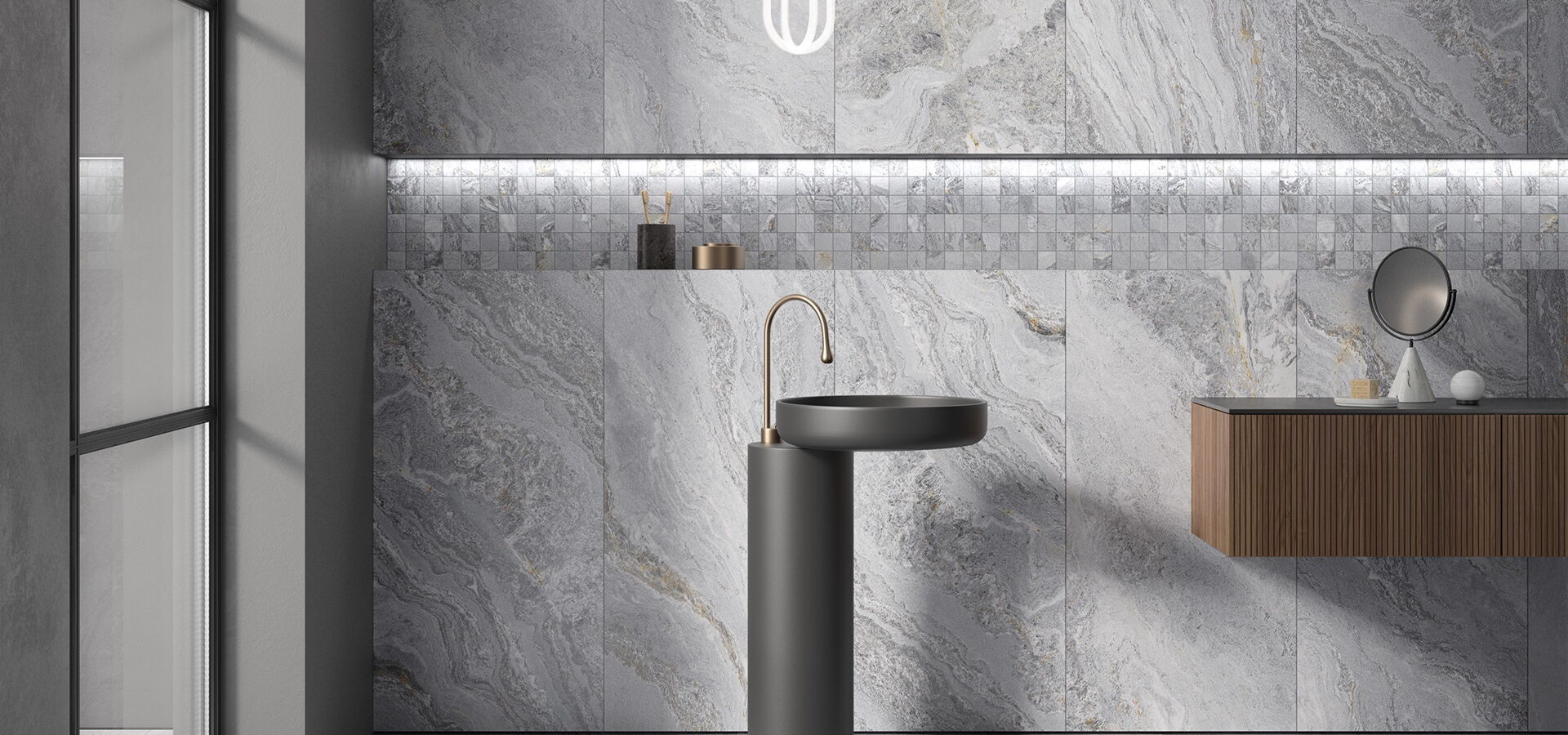 Keramikfliesen silverquartz grey im Badbereich